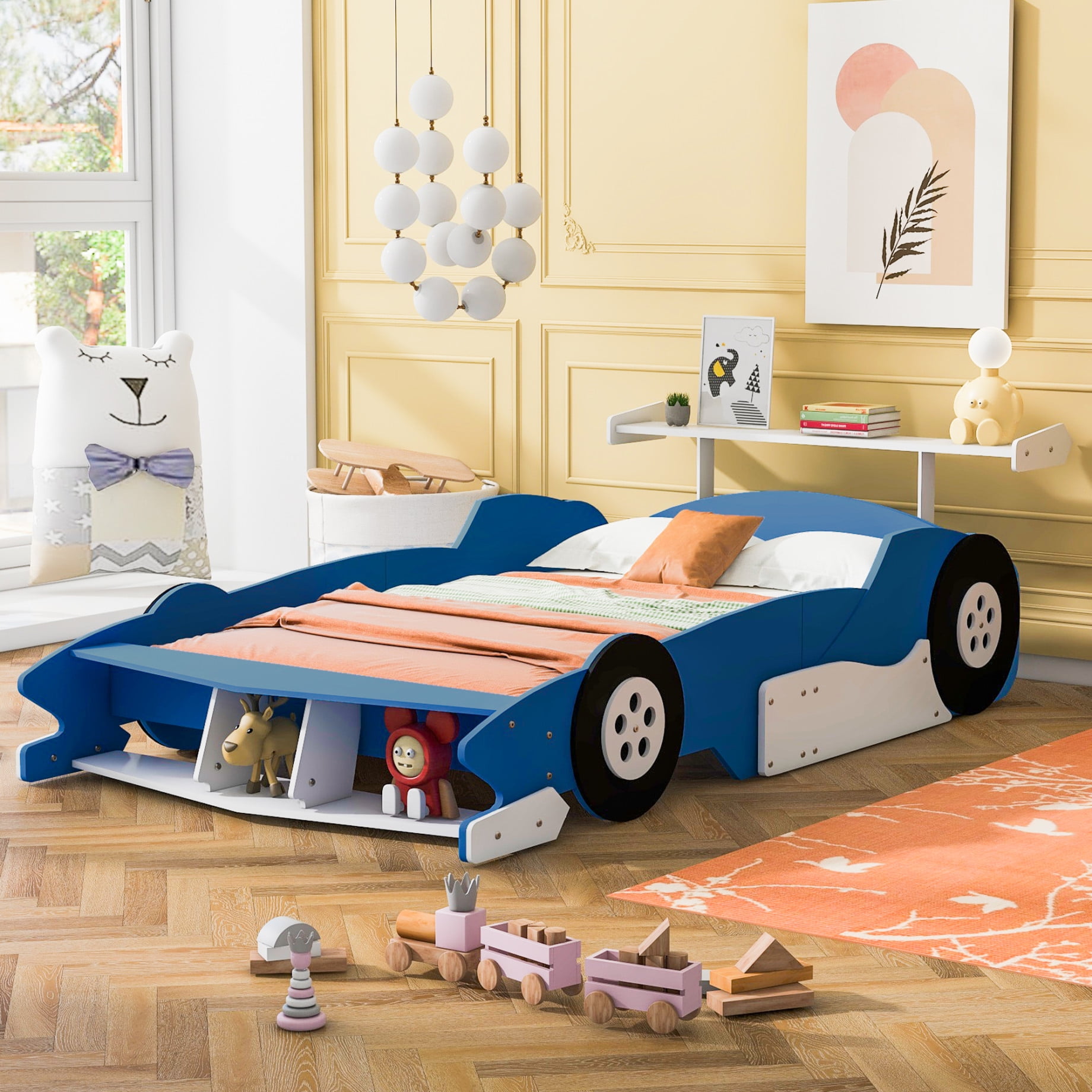 Race Car Bed, Solid Wood Floor Bed with Shelves, Wheels and Safety