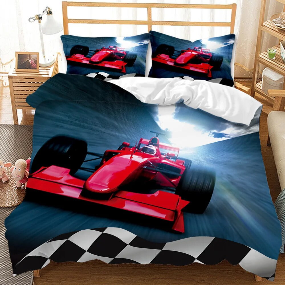 Race Car Bedding Set Twin Size Burning Red Flame Duvet Cover Set 3D