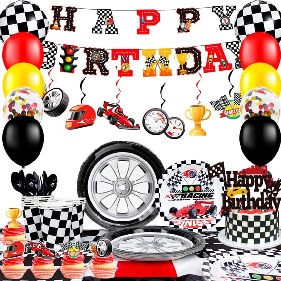 Race Car Birthday Decorations, 117Pcs Race Car Birthday Party Decorations&Race Car Birthday Party Tableware Set - Race Car Birthday Plates Napkins Balloons Hanging Swirl etc Racing Car Party Supplies