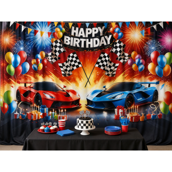 Race Car Birthday Fireworks Backdrop