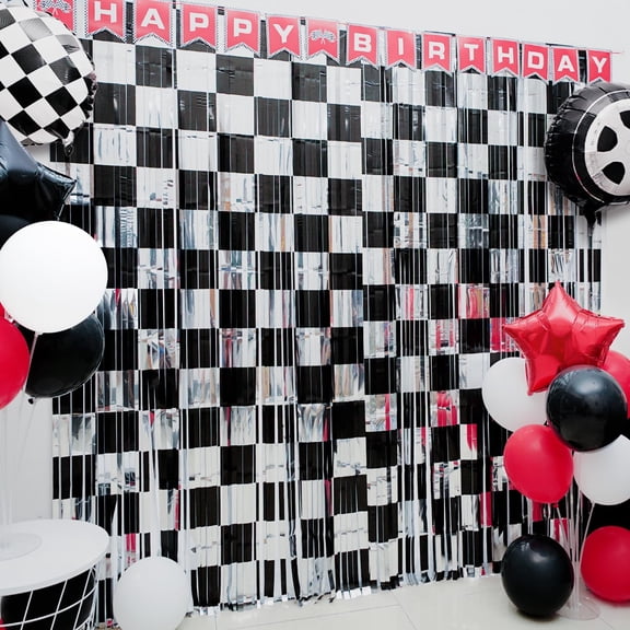 Race Car Birthday Party Decoration, 2 Pack Race Car Party Backdrop Photo Booth Prop, Black and Silver Checkered Fringe Curtains Tinsel Photo Streamers for One Happy Dude Race Car Theme Party Supplies