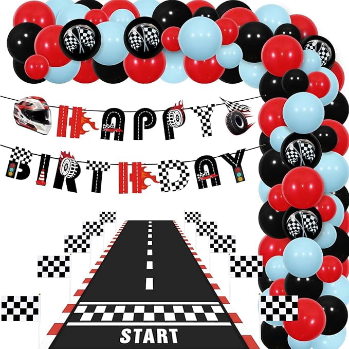 SANYUANHE 37-delig Motorfeestpakket – Banner, Ballonnen En Taartdecoratie Voor Raceverjaardagsfeest, Motorthema