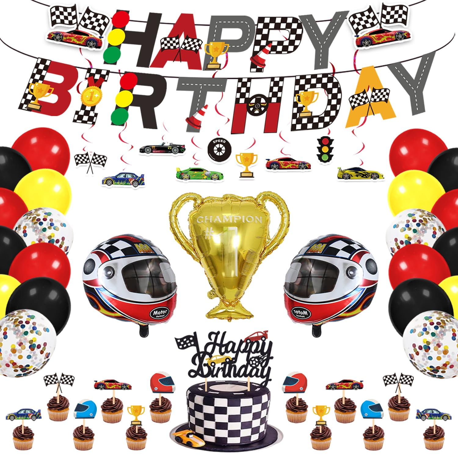 Race Car Birthday Party Supplies - AIS1 Decorations With Happy Birthday Banner Cake Topper Cupcake Toppers Balloons Hanging Swirls Boys Go Racing Party