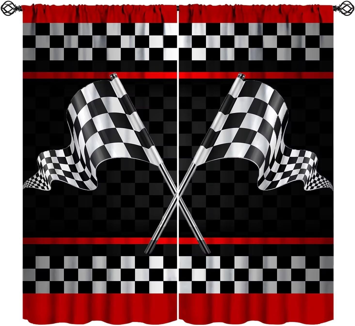 Race Car Blackout Curtains Abstract Modern Cool Black White Check Flag Extreme Sports Kids Boys Men Bedroom Living Room Rod Pocket Decoration Window Drapes 2 Panels W42xL63in