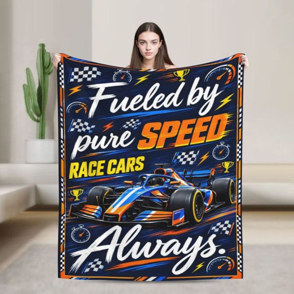 Race Car Blanket Featuring a Blue Open Wheel Racer Framed by Checkered Flags for Racing Fans 50x40 in