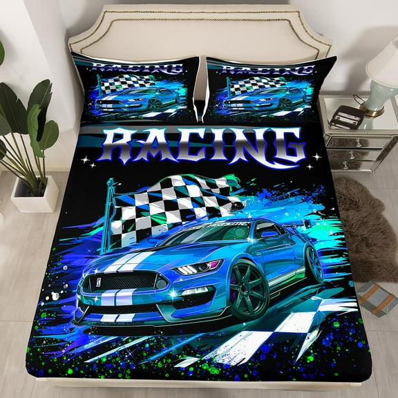 Race Car Queen Bedding Sets,Racing Car Fitted Sheet Black White Racing Checkered Flag Bed Sheets For Teen Men Extreme Sports Fitted Bed Sheets Bedroom Decor 3 Pcs(No Top Sheet)