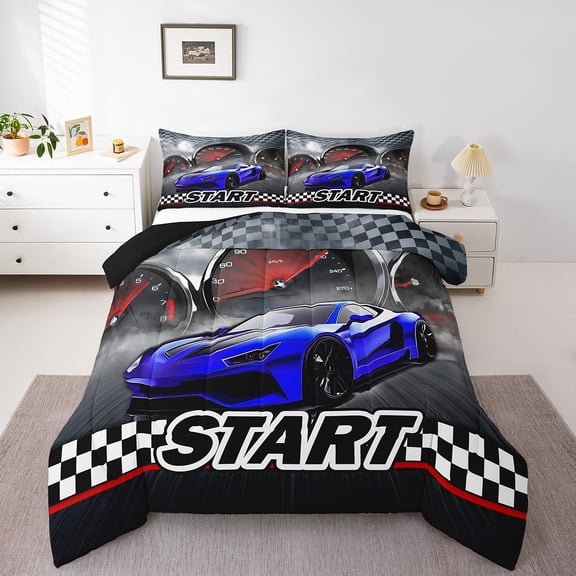 Race Car Comforter Sets Cool Sports Car Bedding Queen Size Man Extreme Sports Duvet Quilt Blue Racing Car Print Black and White Grids Decor Comforter 3 Pcs with 2 Pillowcases