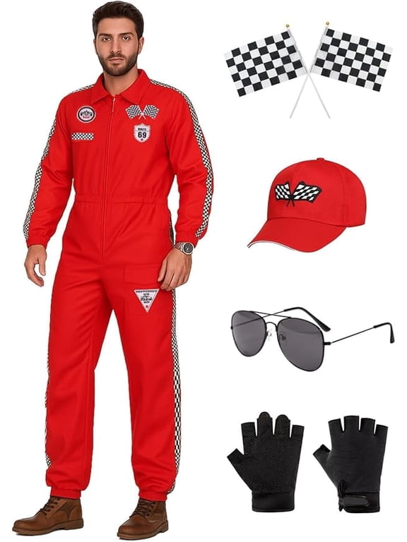 Race Car Driver Men Red Racing Suit Racer Jumpsuit Hat Gloves Flags Glasses Outfits