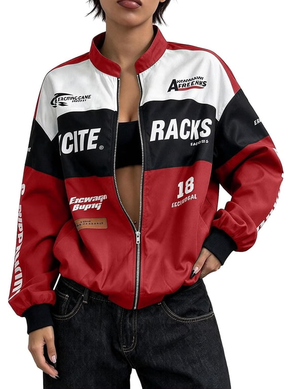 Race Car Driver Jacket Women, Fashion Racing Jacket Vintage Color Block Zip Up Race Car Driver Bomber Jackets Streetwear