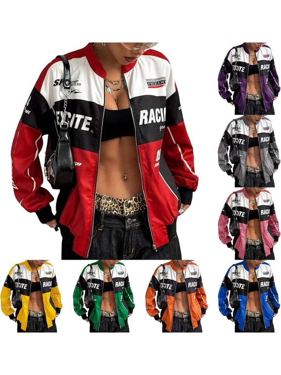 Race Car Driver Jacket Women, Race Car Driver Costume Women Jacket, Y2k Zip Up Varsity Raing Bomber Jackets, Varsity Jacket Women, Color Block, Zip Up Race Car Driver Bomber Jackets