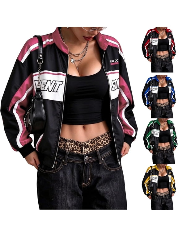 Race Car Driver Jacket, Women's Loose Vintage Zip-Up Racing Varsity Bomber Jacket, Vintage Color Block Design, Y2K Streetwear Outerwear