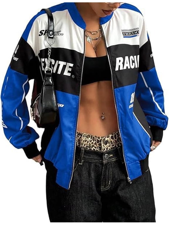 Race Car Driver Jacket, Womens Racing Jacket Color Block Letter Graphic Bomber Jackets Zip Up Lightweight Varsity Coats Y2k Outerwear