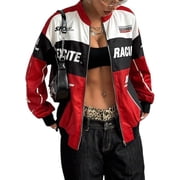 Race Car Driver Jacket, Womens Racing Jacket Color Block Letter Graphic Bomber Jackets Zip Up Lightweight Varsity Coats Y2k Outerwear