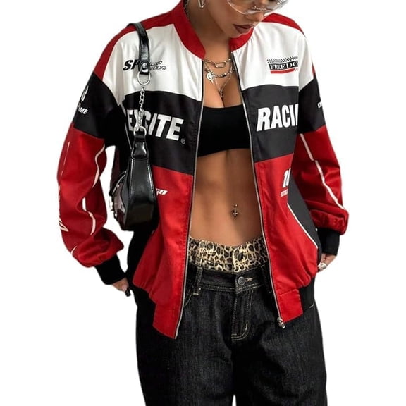 Race Car Driver Jacket, Womens Racing Jacket Color Block Letter Graphic Bomber Jackets Zip Up Lightweight Varsity Coats Y2k Outerwear