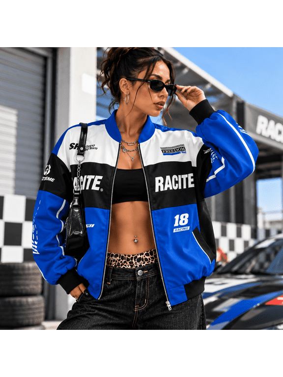 Race Car Driver Jacket, Womens Racing Jacket, Vintage Color Block Bomber Jacket, Loose Fit Zip Up Y2K Streetwear Outerwear with Stand Collar for Casual Outfits, Music Festivals and Daily Wear