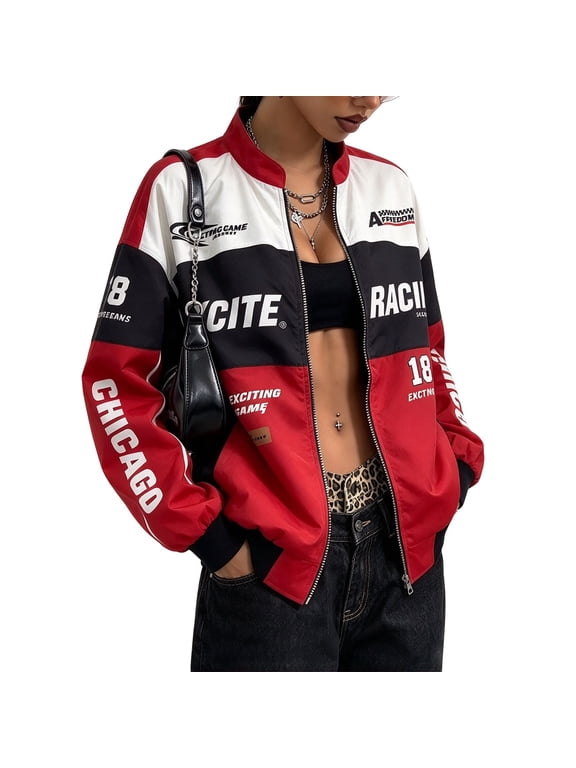 Race Car Driver Jacket, Womens Racing Jacket, Vintage Color Block Bomber Jacket, Loose Fit Zip Up Y2K Streetwear Outerwear with Stand Collar for Casual Outfits, Music Festivals and Daily Wear