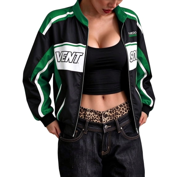 Letter Block Video Race Car Driver Jacket for Women Letter Print Full Zip Up Bomber Jacket ...