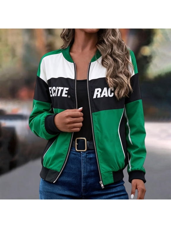 Race Car Driver Jacket for Women Y2k Zip Up Varsity Raing Bomber Jackets