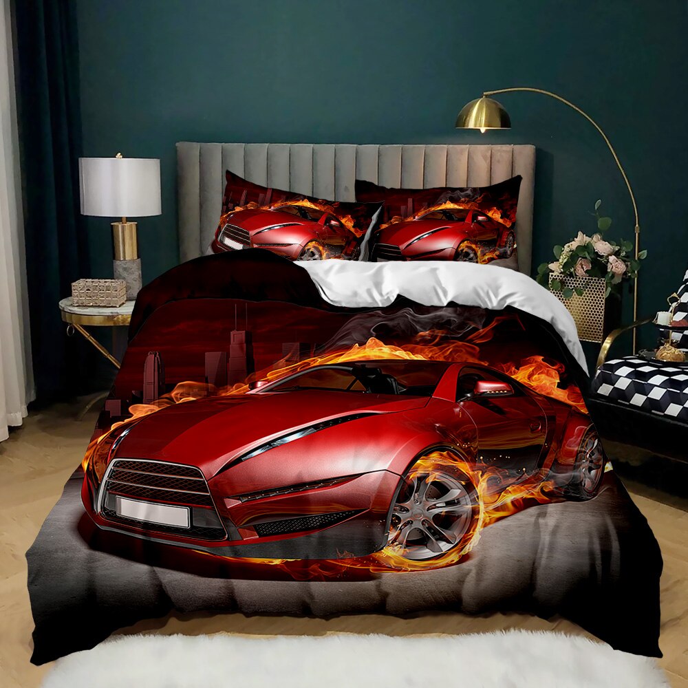 Race Car Duvet Cover Burning Red Flame Racing Car Bedding Set Sports