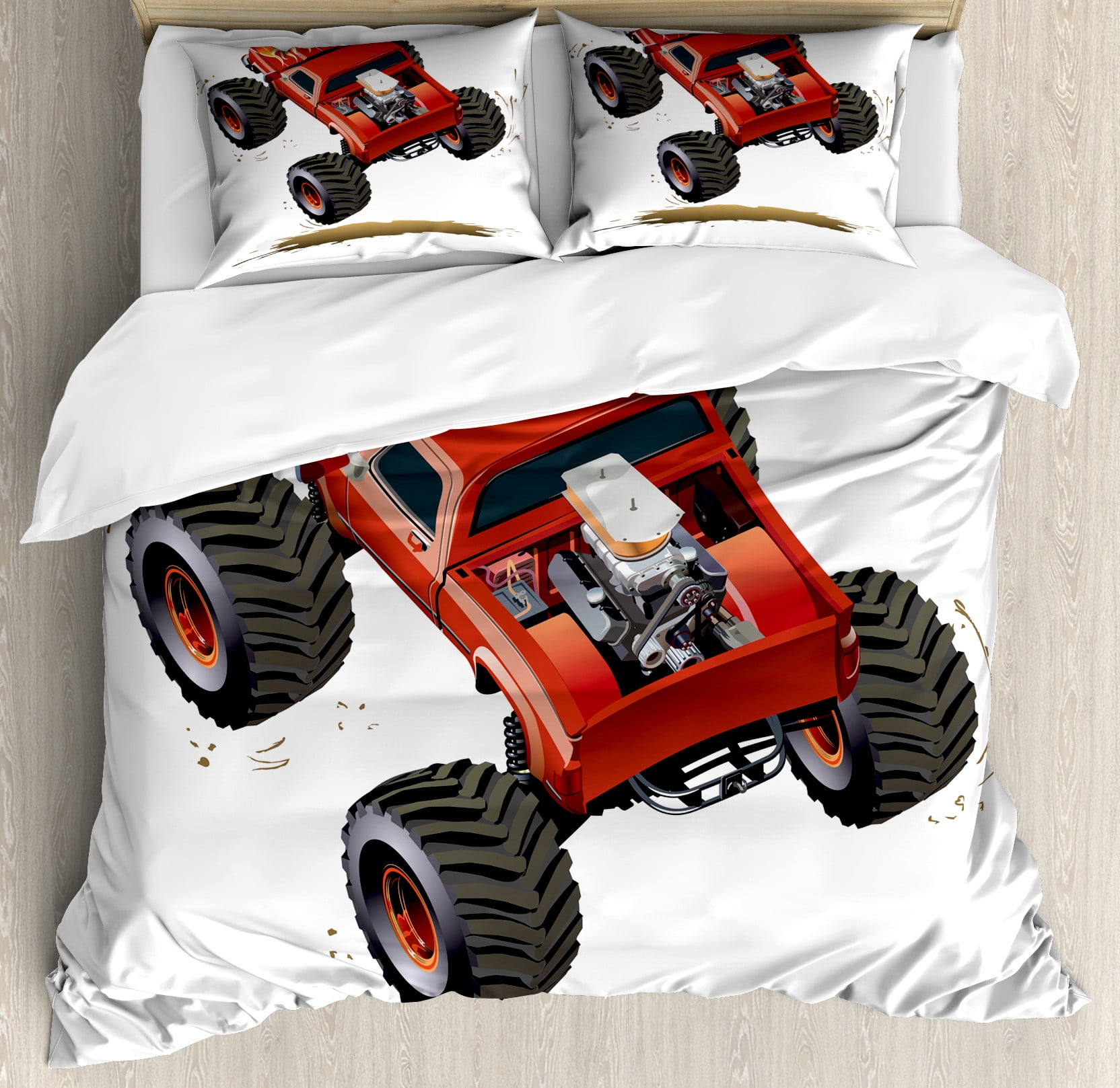 Race Car Duvet Cover Set, Cartoon Style Monster Truck in the Mud