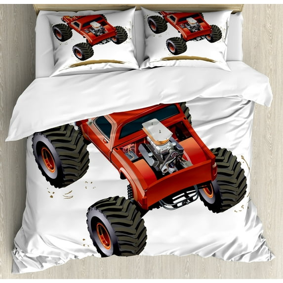 Race Car Duvet Cover Set, Cartoon Style Monster Truck in the Mud Adventurous Theme in the Wild, Decorative 3 Piece Bedding Set with 2 Pillow Shams, Queen Size, Paprika and Dark Grey, by Ambesonne