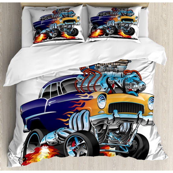 Race Car Duvet Cover Set, Illustration of a Single Classic Hot Rod Muscle Car with and a Big Engine, Decorative 3 Piece Bedding Set with 2 Pillow Shams, Queen Size, Multicolor, by Ambesonne