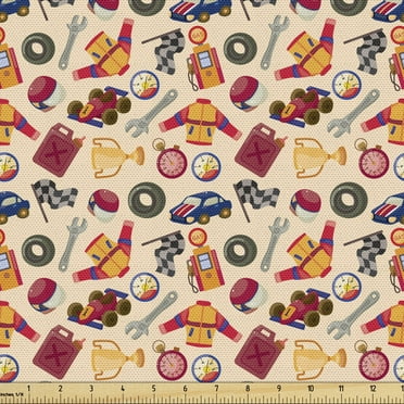 Ambesonne Race Car Fabric by the Yard Upholstery, Random Mechanic Elements, 1 Yard, Multicolor