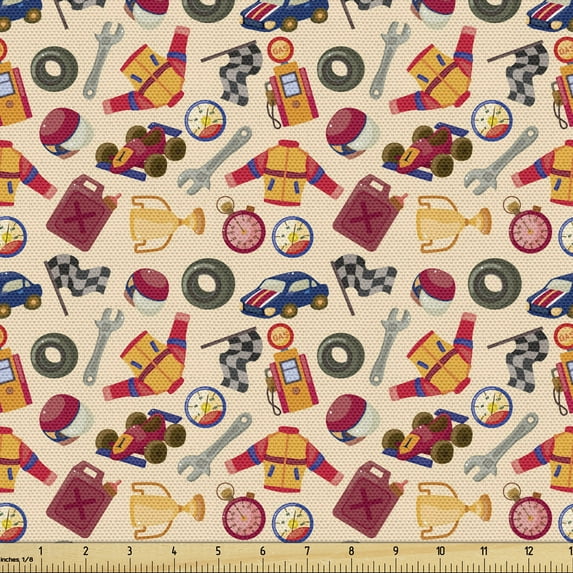 Ambesonne Race Car Fabric by the Yard Upholstery, Random Mechanic Elements, 2 Yards, Multicolor