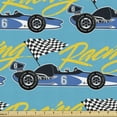 thumbnail image 1 of Race Car Fabric by the Yard, Racing Cursive Calligraphy with Flags in Checkered Design and Sports Car, Upholstery Fabric for Dining Chairs Home Decor Accents, 1 Yard, Blue and Multicolor by Ambesonne, 1 of 4