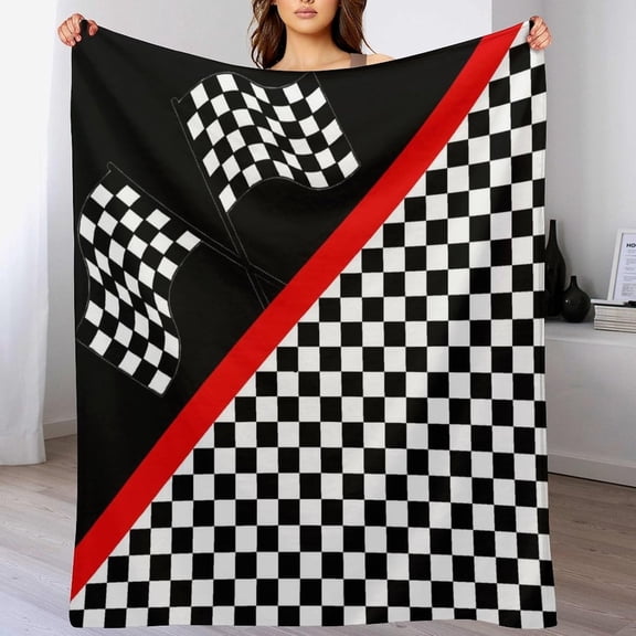 Race Car Flag Throw Blanket Racing Car Extreme Sports Themed Grid Black White Check Pattern for Kids Room Decoration Soft Lightweight Warm Plush Blankets for Sofa Bedroom 50 x 60 inch