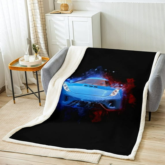 Race Car Fleece Throw Blanket for Bed Sofa Couch Boys Men Speed Sports Car Sherpa Blanket Decorative Extreme Sports Theme Plush Blanket Soft Blue Automobile Fuzzy Blanket 40"x50"