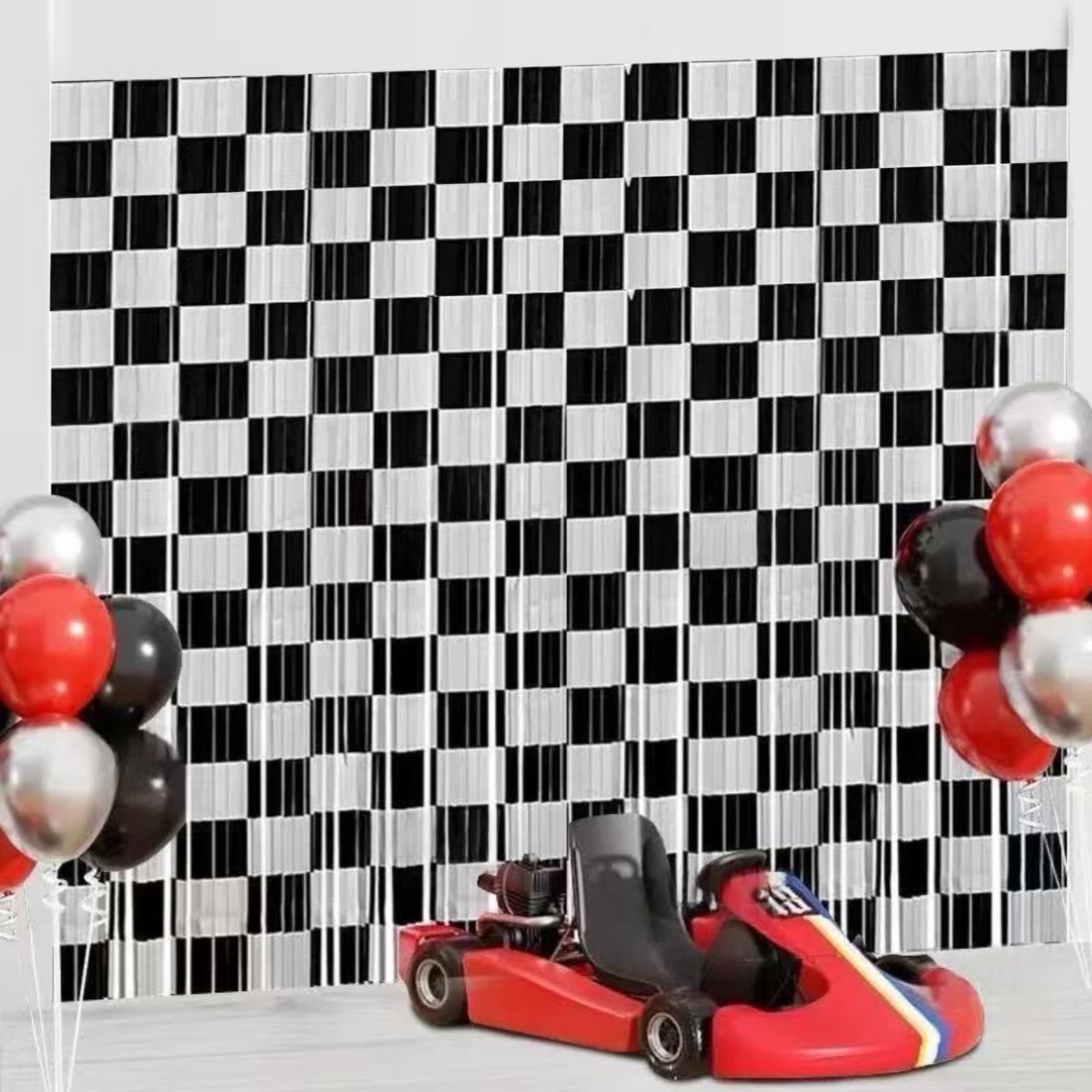 Race Car Foil Fringe Curtains Backdrop Birthday Party Decorations, 2 Pack 3.28 x 6.56 Ft Black White Foil Fringe Curtain Photo Booth Props Racing Car One Happy Dude Birthday Party Decorations