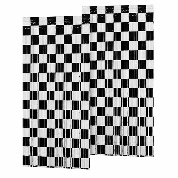 Race Car Foil Fringe Curtains Backdrop Birthday Party Decorations, 2 Pack 3.28 x 6.56 Ft Black White Foil Fringe Curtain Photo Booth Props Racing Car One Happy Dude Birthday Party Decorations