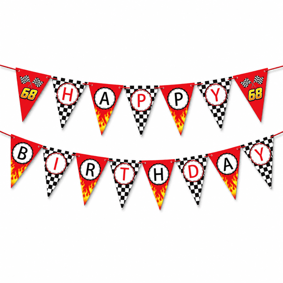 Race Car Happy Birthday Banner - Racing Themed Party Sign, Checkered Flag Decorations
