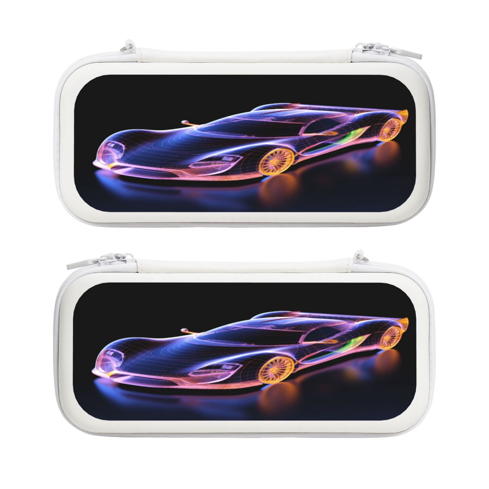Race Car Hologram (3), Carrying Case For Nintendo Switch & OLED Version, Eva Lightweight Shockproof Protective Pouch Case for Game Console & Accessories with 10 Game Card Slot & Wristband, White