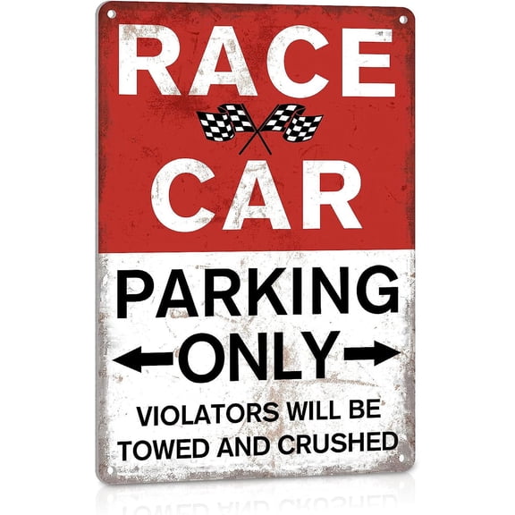 Race Car Metal Sign for Boys Bedroom Garage Man Cave Decor | Funny Parking Only Design, Racing Themed Wall Decoration for Race car Room, 8x12 Inch, Rustproof Aluminum, Gift for Men Kids