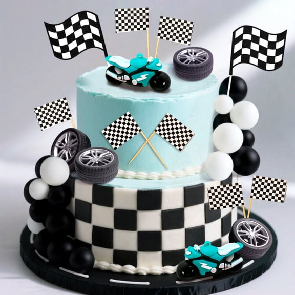 Race Car Motorcycle Cake Toppers Decor Set - Speed Theme Party Supplies
