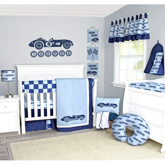 Race Car Navy and Baby Blue 5 Piece Baby Crib Bedding Set by Pam Grace Creations