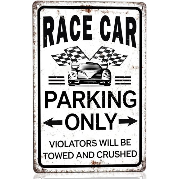 Race Car Parking Only Sign, Vintage Race Car Room Decor for Boys, Toddler Bedroom Decor, Garage Signs for Men, Racing Themed Nursery Wall Decorations 8x12 inches Metal Sign
