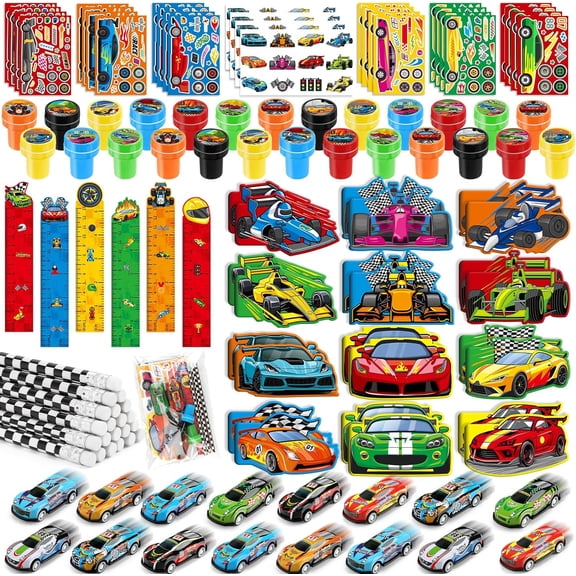 Race Car Party Favors Set, 192 PCS Racing Theme School Stationery Bulk Kit For Kids, Racecar Wheel Birthday Goodie Bag Stuffers, Classroom Rewards, Pinata Filler