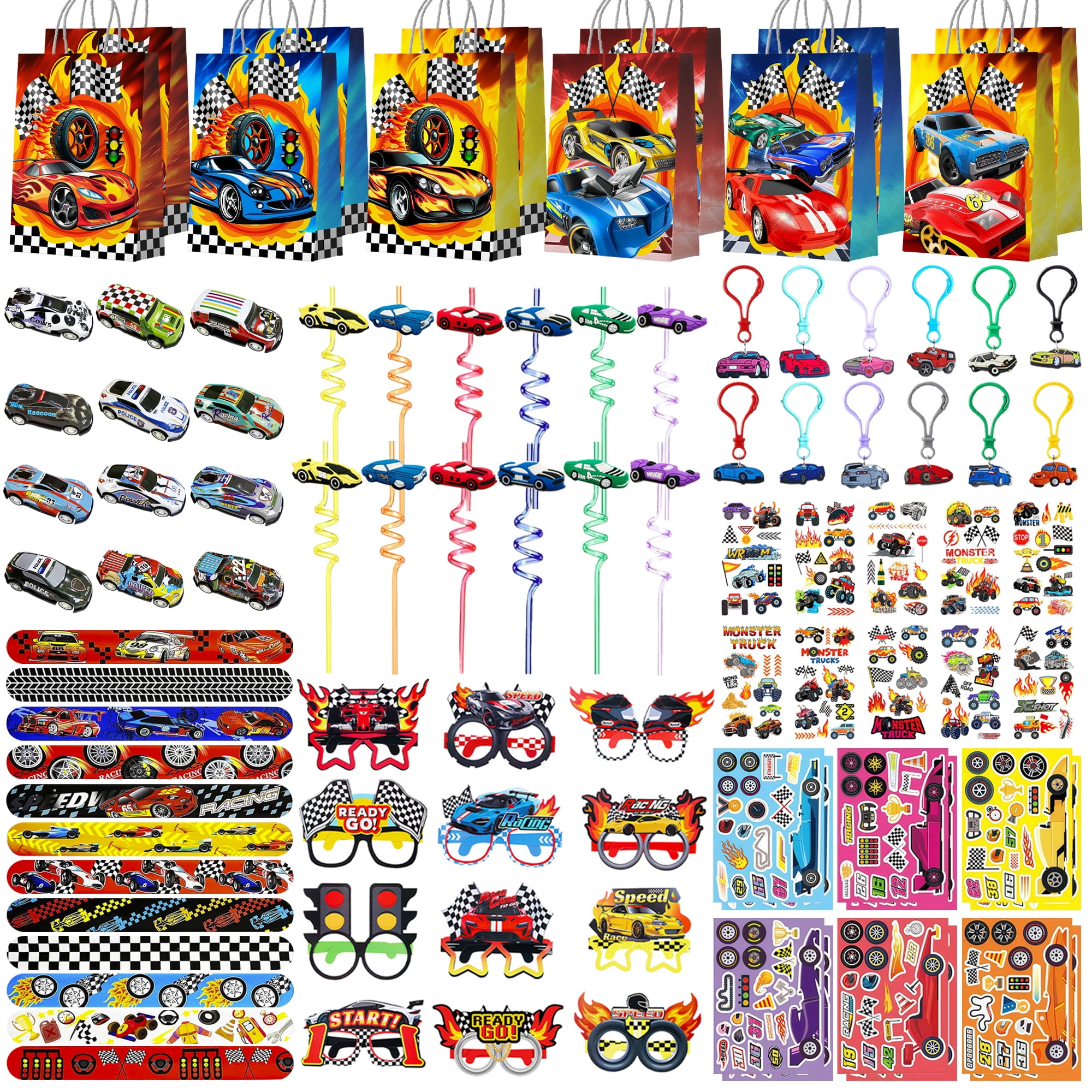 96Pcs Race Car Party Favors, Race Car Birthday Favors Set- Race Car Goodie Bags Key Chains Stickers  3D Puzzle etc Race Car Party Supplies for Race Car Birthday Decorations