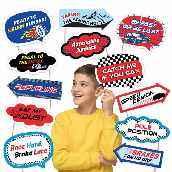 Race Car Party Photo Booth Props Set Racing-Themed Decorations for Birthdays & Events (12 pcs)