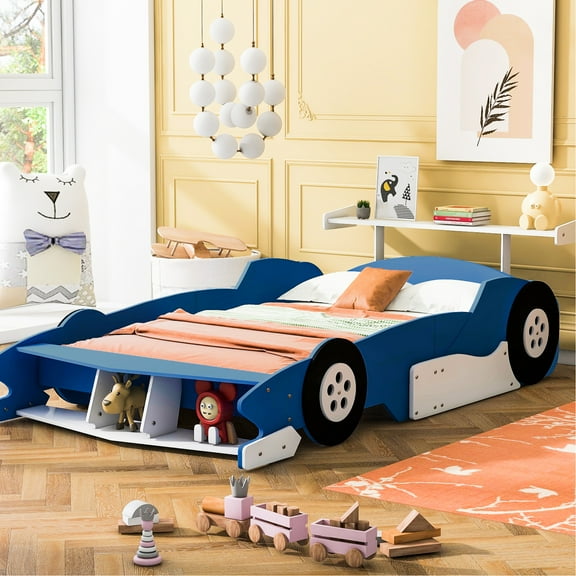 Race Car Platform Bed With Wheels In Blue - Strong And Dependable For Your Bedroom Full Size Car-shaped Provide A Solid Sleeping Foundation
