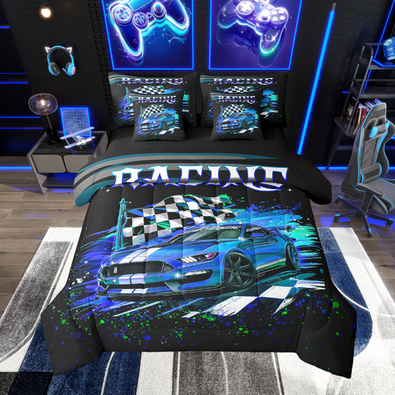 Race Car Queen Bedding Sets 7 Piece,Racing Car Comforter Set Black White Racing Checkered Flag Bed In A Bag For Teen Men Extreme Sports Sheet Set With Comforter Bedroom Decor