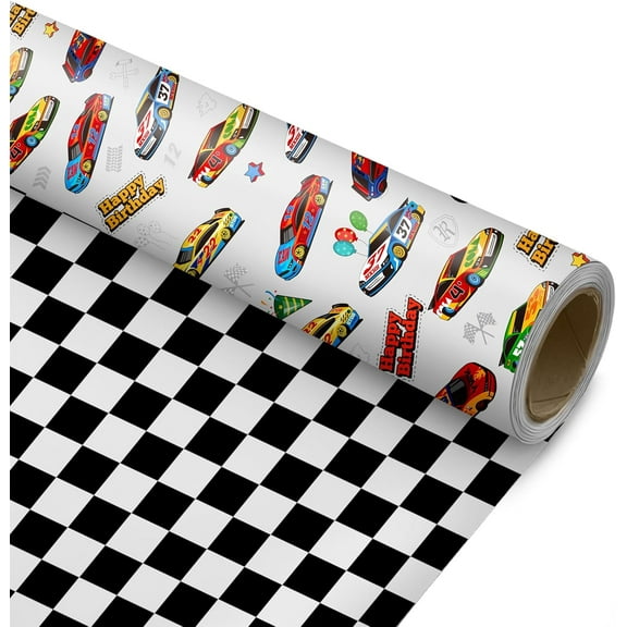 Race Car Reversible Wrapping Paper Roll - Gift Wrap with Black & White Checkered Flag on Reverse- Perfect for Holidays, Birthdays, Babay Shower and Christmas - 17.5 in x 33 ft (48 sq. ft)