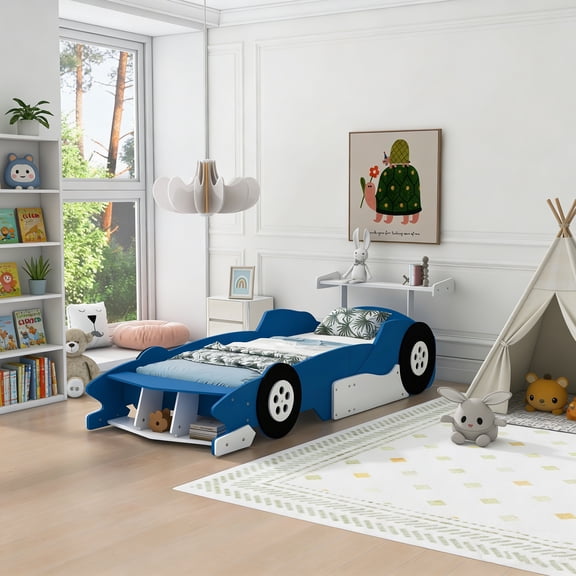 Race Car-Shaped Platform Bed with Decorative Wheels, Low-Profile Frame, No Box Spring Needed