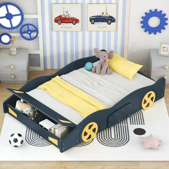 Race Car-Shaped Platform Bed with Wheels and Storage