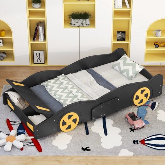 Race Car-Shaped Platform Bed with Wheels and Storage