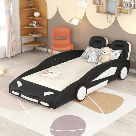 Race Car-Shaped Twin Size Platform Bed in Black Equipped with Wheels and Solid Construction