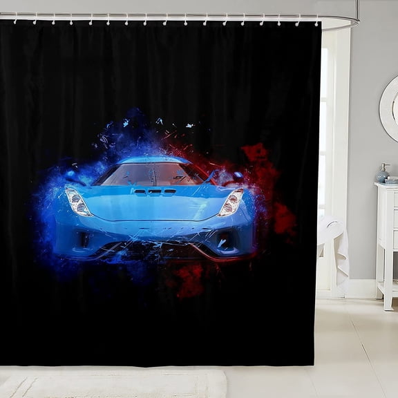 Race Car Shower Curtain Men Speed Sports Car Bath Curtain with 12 Hooks Extreme Sports Theme Automobile Bathroom Shower Curtain Set for Stalls Bathtubs 72Wx72L